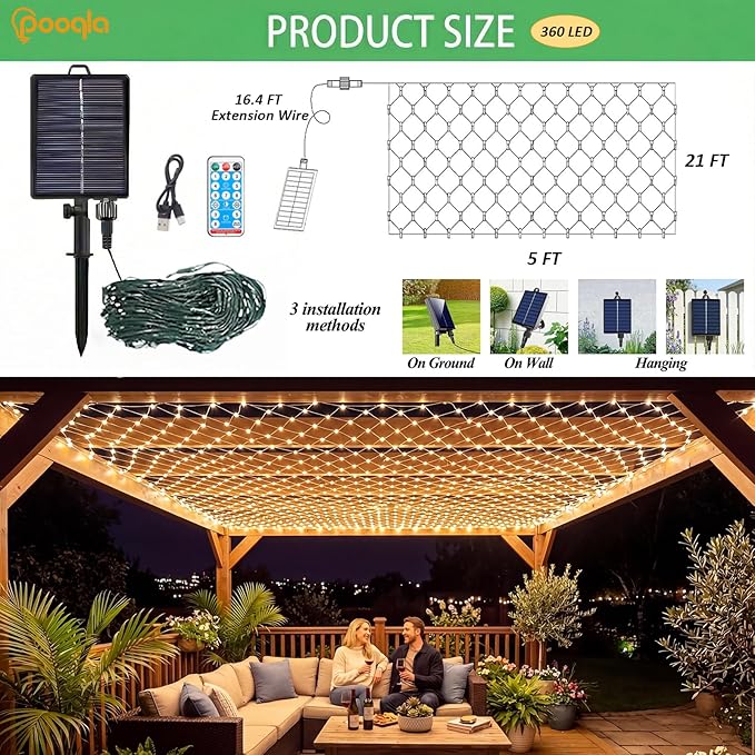 Pooqla Solar Net Lights, 21x5ft 360LED Christmas Net Lights Outdoor with 8 Modes, Solar & USB Powered Waterproof Green Wire Net Mesh String Lights for Bush Backyard Patio Decor, Warm White