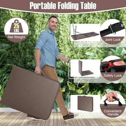 Goplus 6ft Plastic Folding Table, 350 LBS Outdoor Heavy Duty Folding Tables with Rattan-Like HDPE Tabletop, Handle, Lock, Foldable Rectangle Portable Utility Card Table for Picnic, Camping, Dining