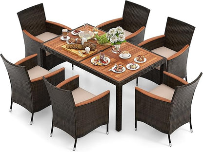 Tangkula 7 Pieces Outdoor Wicker Dining Set, Patio Dining Furniture Set with Acacia Wood Table and 6 Stackable Chairs, Outdoor Table and Chairs Set with 1.96” Umbrella Hole and Cushions