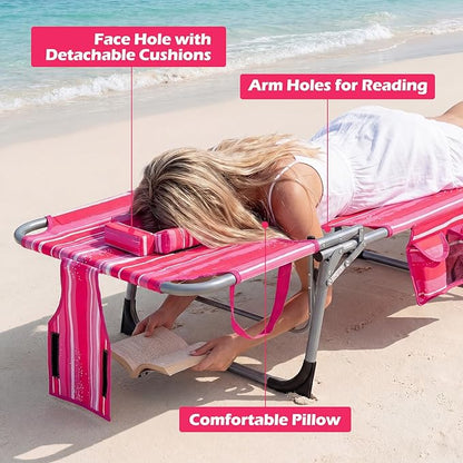 COSTWAY Tanning Chair with Face Hole, Folding Beach Lounge Chair with 4-Position Adjustable Backrest, Pillow & Side Pocket, Foldable Chaise Lounge Chair Outdoor for Sunbathing, Camping (2, Pink+White)