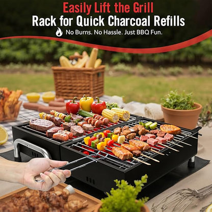 Portable Charcoal Grill with Heat Resistant Mat, 2 IN 1 Double-Sided Tabletop Small BBQ Grill for Backyard Party Outdoor Camping Beach BBQ, Easy Assembly, Heavy Duty, Black (270 Sq.In)