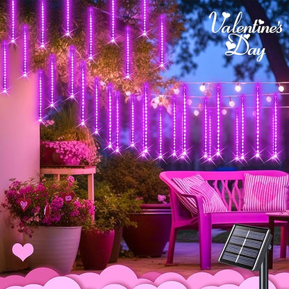 JMEXSUSS Pink Valentine Lights Outdoor, 8 Tube 144 LEDs Solar Meteor Shower Lights Outdoor, Solar Christmas Lights for Tree Eave Holiday Party Patio House Wedding Valentine's Day Decor