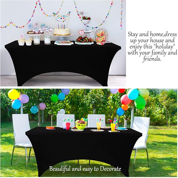 BDDC 6ft Black Stretch Spandex Fitted Table Cloth for 6 Foot Tables | GRS-Certified Eco-Friendly Fabric, Elastic Fit Rectangle Tablecloth, Washable, Wrinkle-Free, For Events & Parties