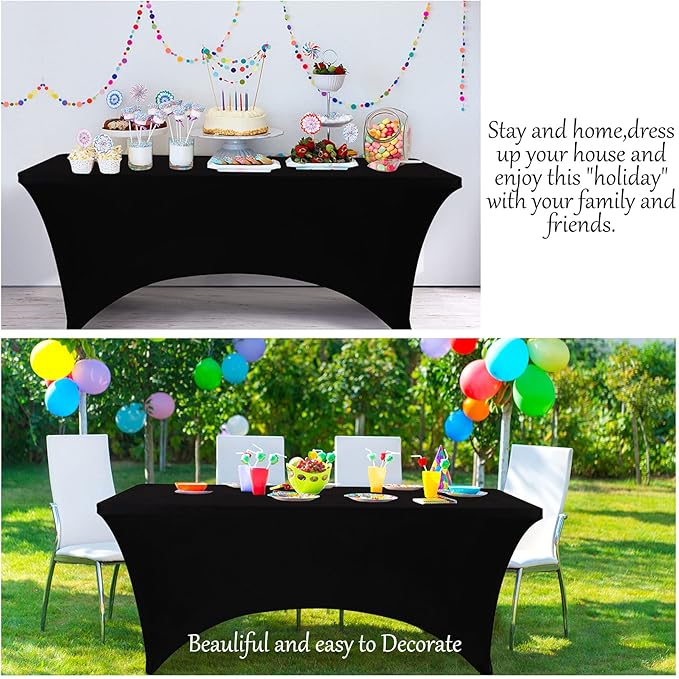 BDDC 6ft Black Stretch Spandex Fitted Table Cloth for 6 Foot Tables | GRS-Certified Eco-Friendly Fabric, Elastic Fit Rectangle Tablecloth, Washable, Wrinkle-Free, For Events & Parties