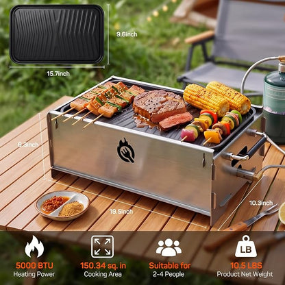 Stainless Steel Portable Tabletop Charcoal Grill, Foldable Camping Grill | Lightweight Mini Gas BBQ Grill & Fire Pit with Griddle Plate & Carry Bag for Camping Tailgating Picnic Travel Backyard Patio