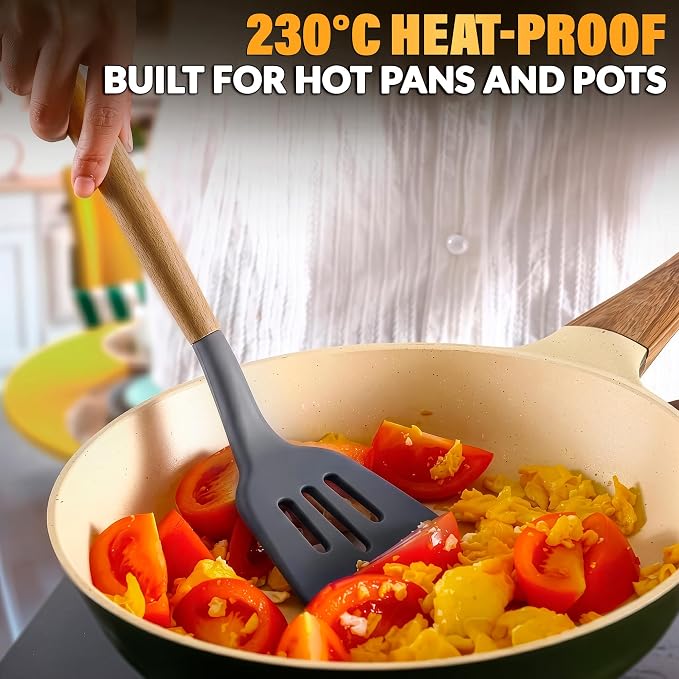 12 Pcs Gray Kitchen Utensils Set with Holder for Nonstick Cookware | Silicone Cooking Utensils Set for BBQ; Heat-Resistant Tools with Wooden Handles for Baking, Serving, Frying, and Mixing