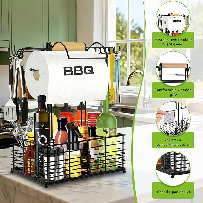 Grill Caddy, BBQ Caddy for Outdoor Grill, Upgraded Camping Accessories with Windproof Paper Towel Holder, Camping Essentials, Outdoor Kitchen BBQ Grill Accessories for Camper, Grilling Gifts for Men