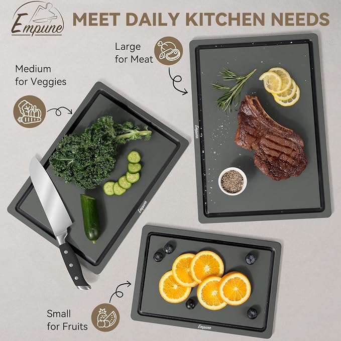 Empune 3-Piece Plastic Cutting Boards for Kitchen - Thick & Non-Slip Chopping Board Set with Juice Grooves, Dishwasher Safe, BPA Free, Includes Large & Small Sizes, Gray