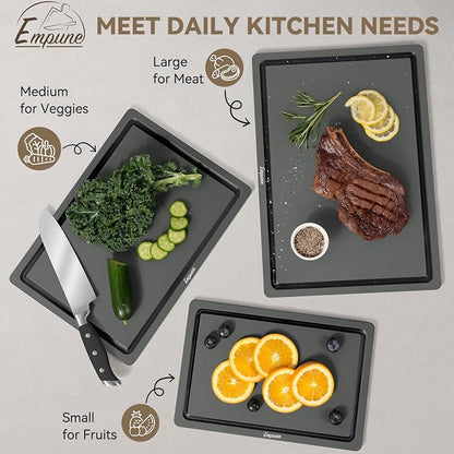 Empune 3-Piece Plastic Cutting Boards for Kitchen - Thick & Non-Slip Chopping Board Set with Juice Grooves, Dishwasher Safe, BPA Free, Includes Large & Small Sizes, Gray