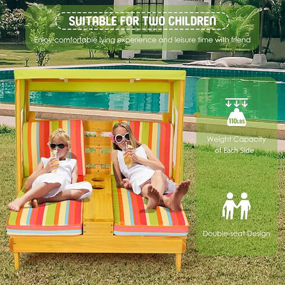Costzon Kids Lounge Chair Outdoor, Wood Double Seat Chaise Lounge with Canopy, Cup Holders, Cushion, Backrest Recliner, Kids Patio Furniture, Gift for Boys Girls 3-8 Years Old