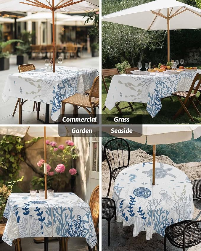 Blue Coastal Outdoor Tablecloth - 54x80 Inch Rectangle Waterproof Dining Table Cover, Nautical Summer Beach Sea Turtle Coral Outdoor Table Cloth with Umbrella Hole & Zipper for Picnic/Patio