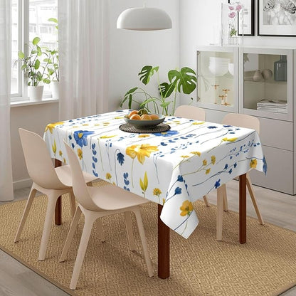 Watercolor Floral Rectangle Tablecloth Navy Blue Yellow Flower Table Cloth for Holiday Party Dining Rooms Kitchen Wedding Indoor Outdoor Birthday Table Decorations 54"x72"