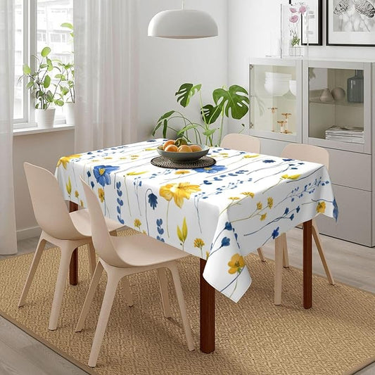 Watercolor Floral Rectangle Tablecloth Navy Blue Yellow Flower Table Cloth for Holiday Party Dining Rooms Kitchen Wedding Indoor Outdoor Birthday Table Decorations 54"x72"