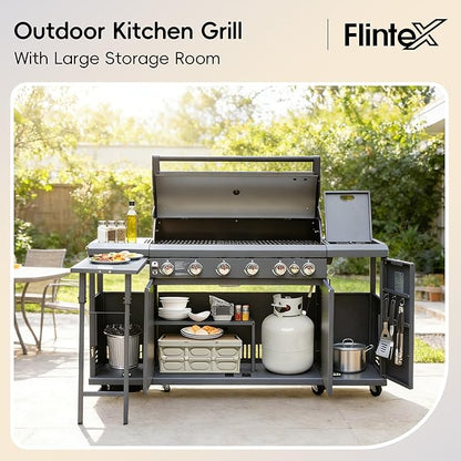 Flintex 6-Burner Propane Gas Kitchen Grill Island with Side Burner,72,000 BTU Stainless Steel BBQ Outdoor Griddle Grill Combo with LPG/NG Convertible and Storage Cabinets & Fold-out Table, Gray
