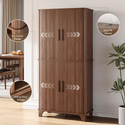 Decofy 69" Tall Kitchen Pantry Storage Cabinet with Sliding Door, Modern Curved Edge Pantry Storage Cabinet with 5 Shelves, Cupboard for the Kitchen, Dining Room, Bedroom, Living Room, Office (Walnut)