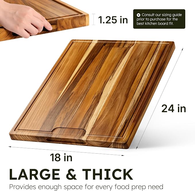 24 x 18 in Teak Cutting Board, Butcher Block with Juice Groove | 1.25” Thick Wood Cutting Board for Meat and Brisket, End Grain Cutting Board for Kitchen Prep, Large Carving Cutting Board