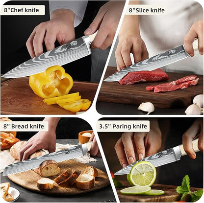 Dfito Chef Knife Set with Roll Bag, 9PCS Professional Knife Set with Sharpener, High Carbon Stainless Steel Kitchen Knife Set with Anti-Slip Ergonomic Handle for Camping, Travel, BBQ, RV or Gift Beige