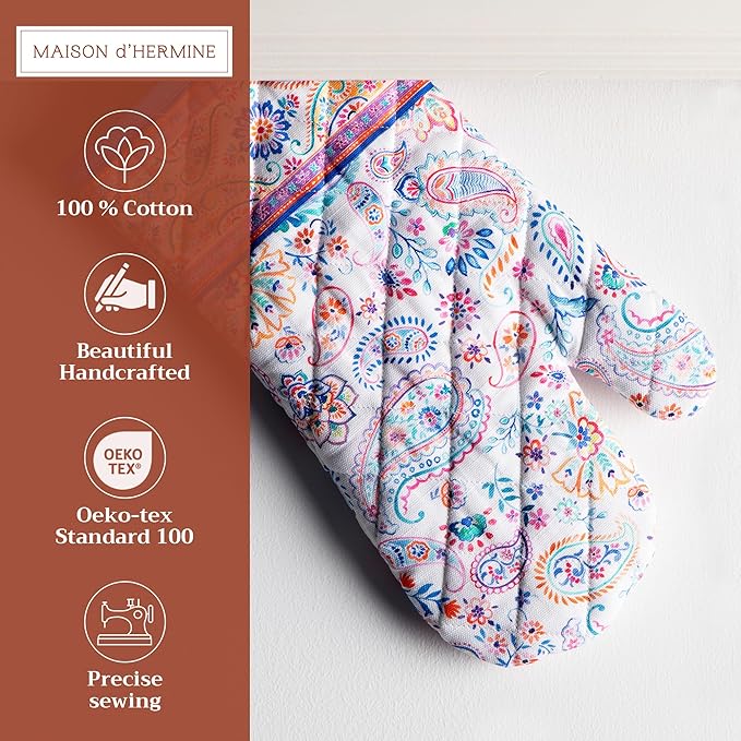 Maison d'Hermine Oven Gloves 100% Cotton Oven Mitt 7" x 13" with Loop Heat Resistant BBQ Cooking Gloves Baking Grilling Kitchen Hotel Home Farmhouse Spring Summer (Pack of 1, Indian Floral)