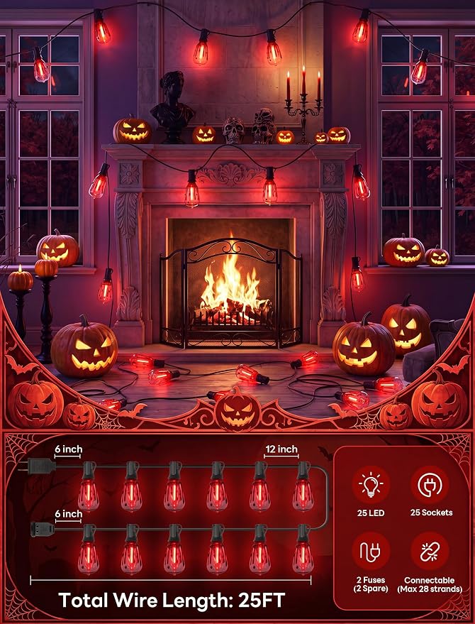 25Ft Halloween LED String Lights Outdoor with 25 ST38 Red Blood Drop Lights, Connectable Halloween Patio Lights for Indoor Outdoor Backyard Garden Halloween Christmas Party Decor