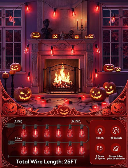 25Ft Halloween LED String Lights Outdoor with 25 ST38 Red Blood Drop Lights, Connectable Halloween Patio Lights for Indoor Outdoor Backyard Garden Halloween Christmas Party Decor
