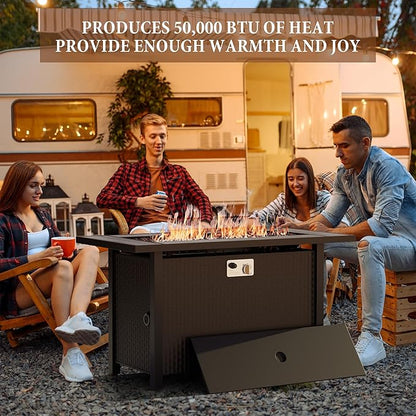 45 inch Propane Fire Pit Table, 50,000 BTU Outdoor Gas Fire Pit Table with Lid, Waterproof Cover, Rectangle Gas Firepit Table for Garden/Patio