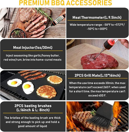 34Pcs Grill Accessories Grilling Gifts for Men, 16 Inches Heavy Duty BBQ Accessories, Stainless Steel BBQ Tools with Thermometer, Grill Mats for Backyard, BBQ Gifts Set for Men Women