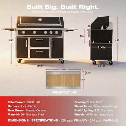 49" Stainless Steel Propane Gas Grill, 4 Burners & Infrared Burner, Black | 304 stainless steel 99,000 BTU Infrared burner Versatile cooking space Storage drawers Warming rack Versatile cooking space
