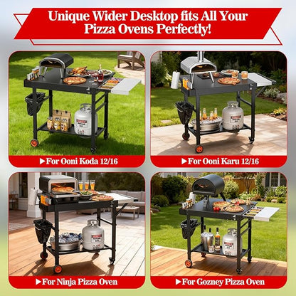 Grill Table for Pizza Ovens, Ninja Pizza Oven Table with Extendable Desk, Durable Outdoor Grill Cart Stand with Food Prep Topping Station for Patio, Backyard,43" L × 27" W