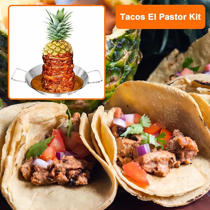Al Pastor Skewer for Grill, Large 13 Inch Gyro Pan with Fat Separator | Brazilian Spit Stand with 5 Spikes & 2 Brushes, Stainless Steel Vertical Sticks for Shawarma, Chicken on Smoker Oven