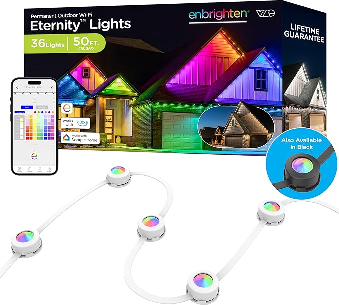 Enbrighten Vibe Eternity Permanent Outdoor Lights for House, 50ft, 36 RGBWIC LEDs, Close Spacing, 33lm, Color Changing, Christmas, Eave Lighting, Smart App, Works with Alexa, Google Home, 81102