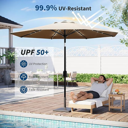 Garvee patio Umbrella with Solar Lights, Outdoor Table Umbrella with 8 Durable Ribs, Tilt & Crank Mechanism, Waterproof & UV Protection for Garden, Backyard, Poolside,