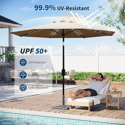 Garvee patio Umbrella with Solar Lights, Outdoor Table Umbrella with 8 Durable Ribs, Tilt & Crank Mechanism, Waterproof & UV Protection for Garden, Backyard, Poolside,