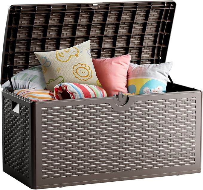 80 Gallon Deck Box, Lockable & Waterproof Resin, UV Resistant Storage Box for Patio, Garden, Pool, Brown