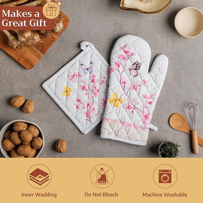 Maison d' Hermine 100% Cotton Oven Mitt & Pot Holder Set (7.5"x13" & 8"x8") Heat Resistant BBQ Cooking Gloves with Loop Baking Grilling Kitchen Hotel Home Farmhouse Spring Summer (Blossoms in Spring)