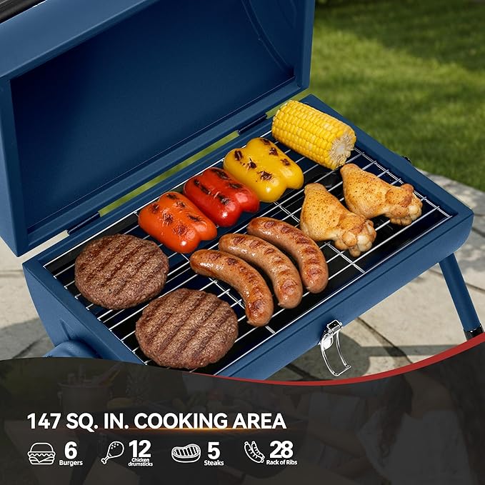 Royal Gourmet CC1015B Portable Charcoal Grill, 147 Sq. In. Cooking Area, with Four Air Vents, Lid Latch Buckle, Lid Handle, for Outdoor Backyard, Patio Parties and Picnics, Blue