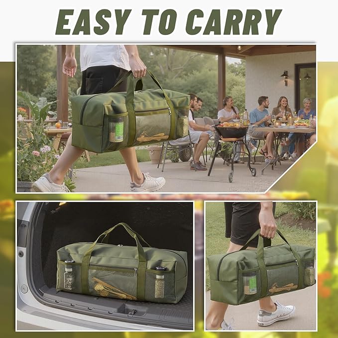 24" Grill Tool Storage Bag, Heavy Duty Waterproof BBQ Tools Bag, 24" x 8" x 8", Large Grill Utensil Storage Caddy with Pockets, BBQ Accessories for Outdoor Barbecue, Camping, Hiking(Green)