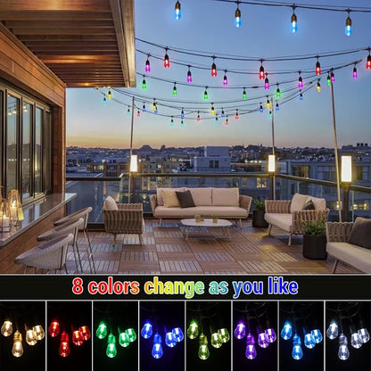 48FT Solar Outdoor RGB String Lights Waterproof Shatterproof | 15+3 Dimmable LED Bulbs with Remote Commercial Patio Light for Cafe, Yard, Party