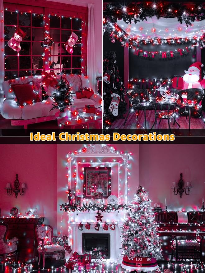 Guhope Christmas Lights 600 LED 98FT, Waterproof Outdoor String Lights with Remote and Timer, 8 Modes Dimmable Fairy Lights for Indoor Outdoor Wedding Party Holiday Decorations (Red and White)