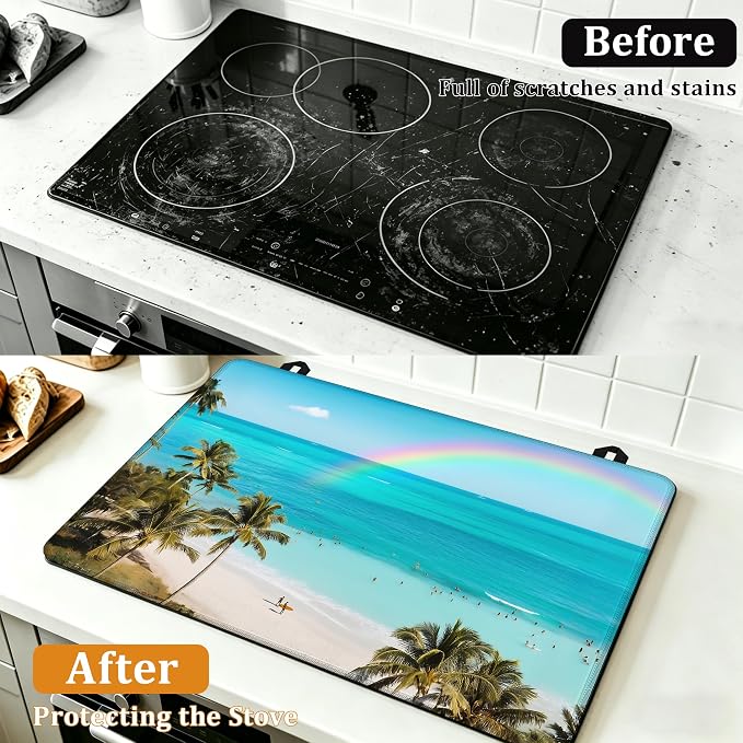 Tropical Palm Tree Stove Top Covers for Electric Stove,Summer Beach Glass Top Stove Cover, Heat Resistant Range Covers for Electric Stove,Washable Countertop Mat, 28 x 20 Inch