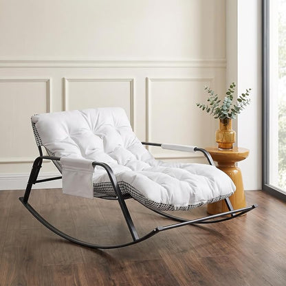 Rocking Papasan Chair, Leather Upholstered Lounge Chair, Beige | Extra-Wide Rocking Chair with Technical Leather Upholstery, Sturdy Frame and Smooth Glide for Indoor / Outdoor Scenes