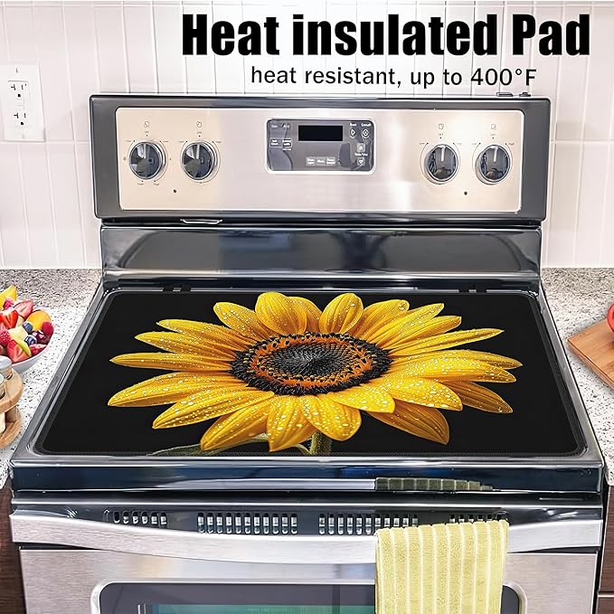 Electric Stove Top Cover,Sunflower Stove Cover for Glass Top Electric Stove,Spring Floral Heat Resistant Flat Top Stove Mat Countertop Protector, 28 x 20 Inch