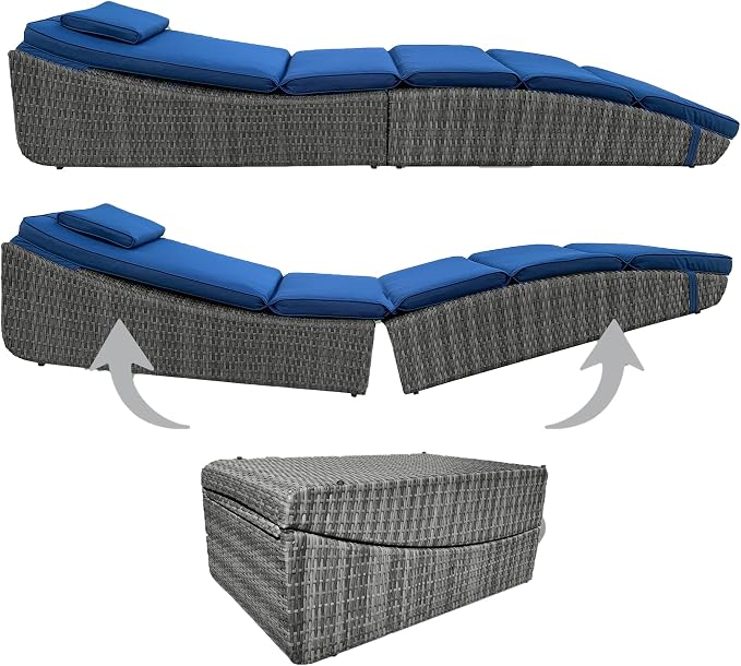 BTEXPERT Outdoor Chaise Lounges Pool Cushioned Chair Wicker Patio Rattan Poolside Folding Space Saving Sun Lounger Adjustable Backrest Couch Reclining Fully Assembled Two Piece Blue