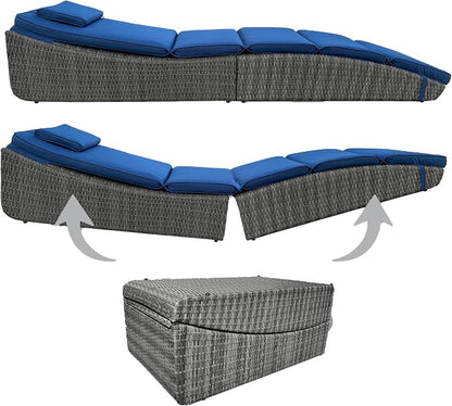 BTEXPERT Outdoor Chaise Lounges Pool Cushioned Chair Wicker Patio Rattan Poolside Folding Space Saving Sun Lounger Adjustable Backrest Couch Reclining Fully Assembled Two Piece Blue