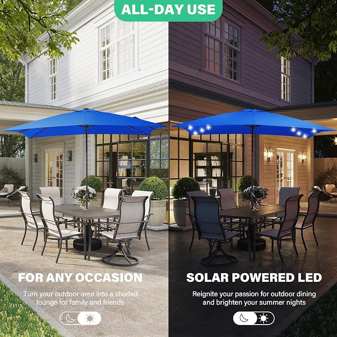 JEAREY 8x10' Rectangle LED Lighted Umbrella Patio Umbrella Outdoor w/Crank | Solar Market Umbrellas with 8 Sturdy Ribs, UV Protection Waterproof Sunproof for Pool, Deck, Backyard(Royal Blue)