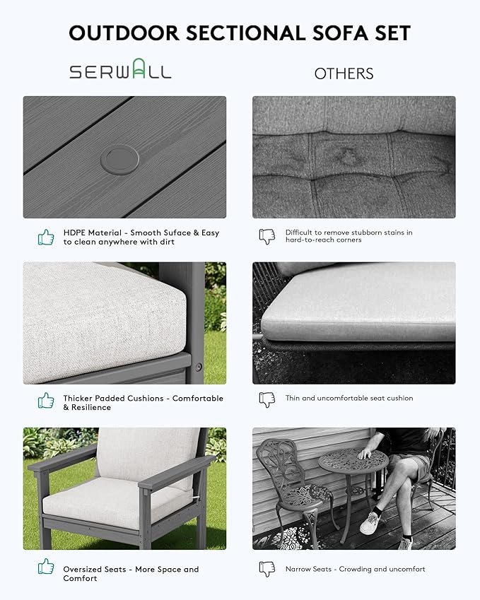 SERWALL HDPE Patio Conversation Set, 6-piece Sectional Outdoor Furniture Set, All Weather Outdoor Couch Set Patio Furniture Set for Deck, Lawn, Grey Frame with Khaki Cushion