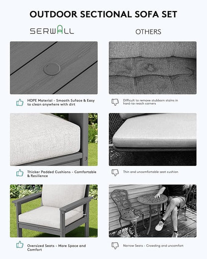 SERWALL HDPE Patio Conversation Set, 6-piece Sectional Outdoor Furniture Set, All Weather Outdoor Couch Set Patio Furniture Set for Deck, Lawn, Grey Frame with Khaki Cushion
