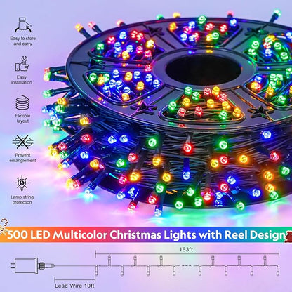 JMEXSUSS 500 LED Outdoor Christmas Lights, 173ft Multicolor String Lights | 8 Modes, Remote Control, Plug in, Waterproof, Green Wire LED Christmas Tree Lights for Indoor Party House Tree Xmas Decor