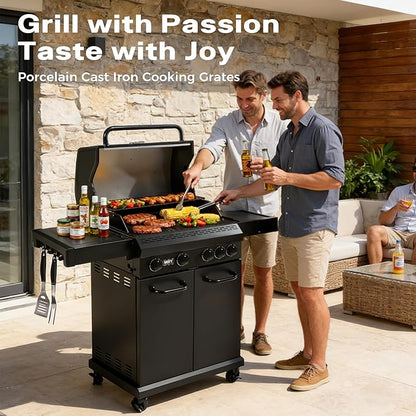 4 Burner Propane Gas Grill with 1 Side Burner, 50,000 BTU Outdoor BBQ Grill, Heavy-Duty Steel Construction, Cast Iron Cooking Grates & Griddle, Backyard Patio Barbecue
