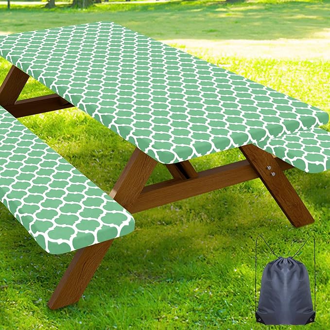 Smiry Picnic Table Cover with Bench Covers, Waterproof Elastic Fitted Tablecloth for 5 Foot Tables, Washable Polyester Tablecloths for Camping, Indoor & Outdoor (Sage Green, 30x60 Inch 3-pc Set)