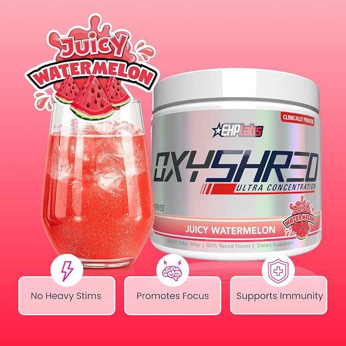 EHP Labs OxyShred Pre Workout Powder - Juicy Watermelon, 33 Servings | Supports Energy, Focus and Endurance with Acetyl L Carnitine and L Glutamine, Thermogenic Formula, Sugar Free, Zero Jitters